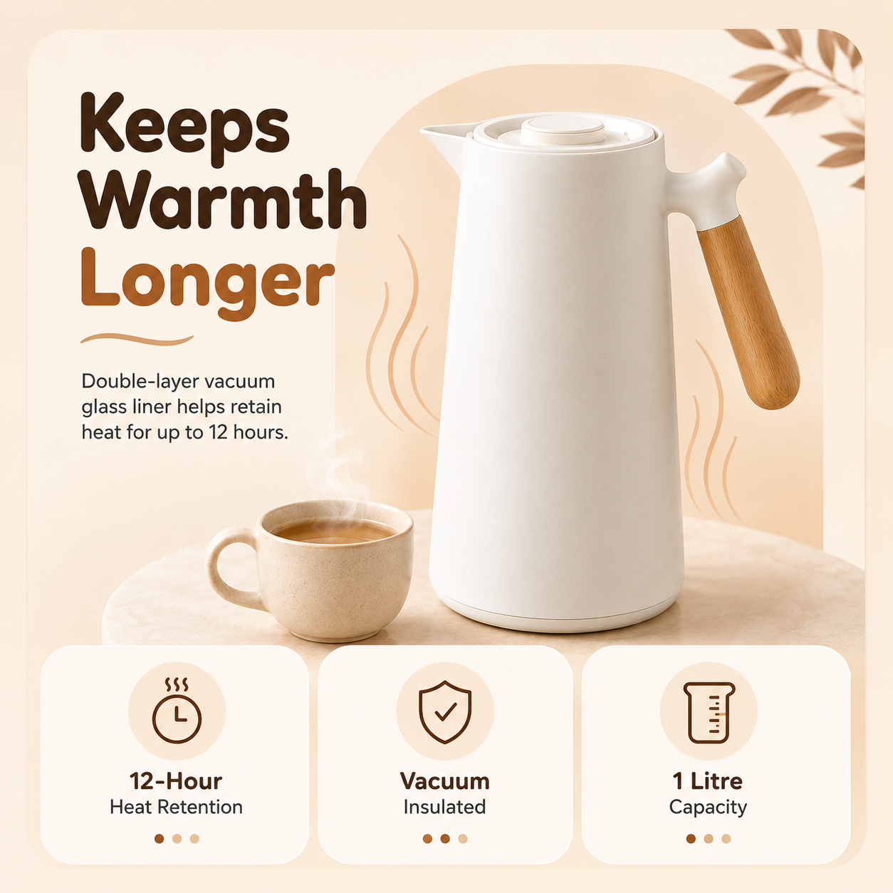 Homero 1 Litre Insulated Vacuum Flask with Wooden Handle (White)
