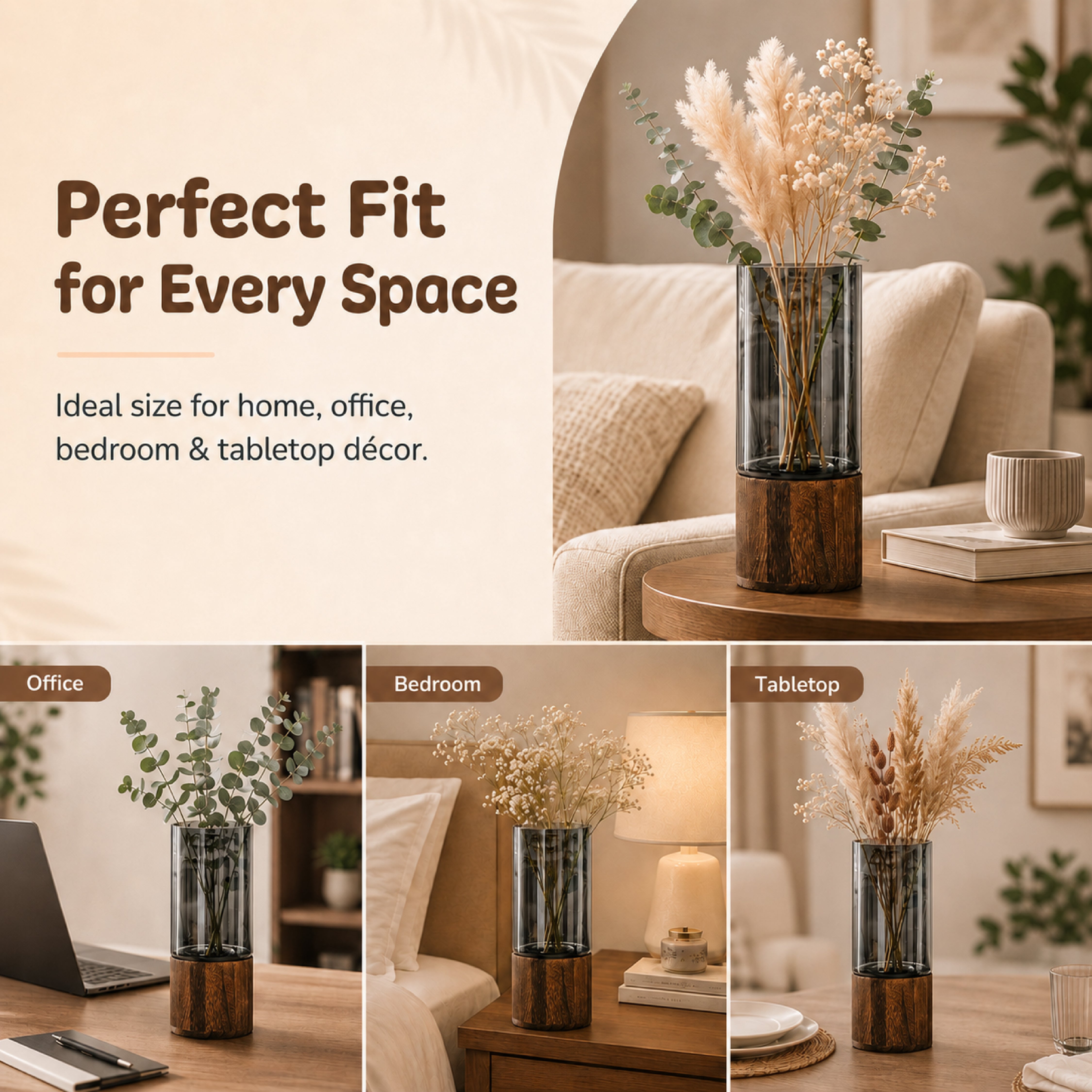 Homero Cylinder Vases with Wooden Base for Home Decor
