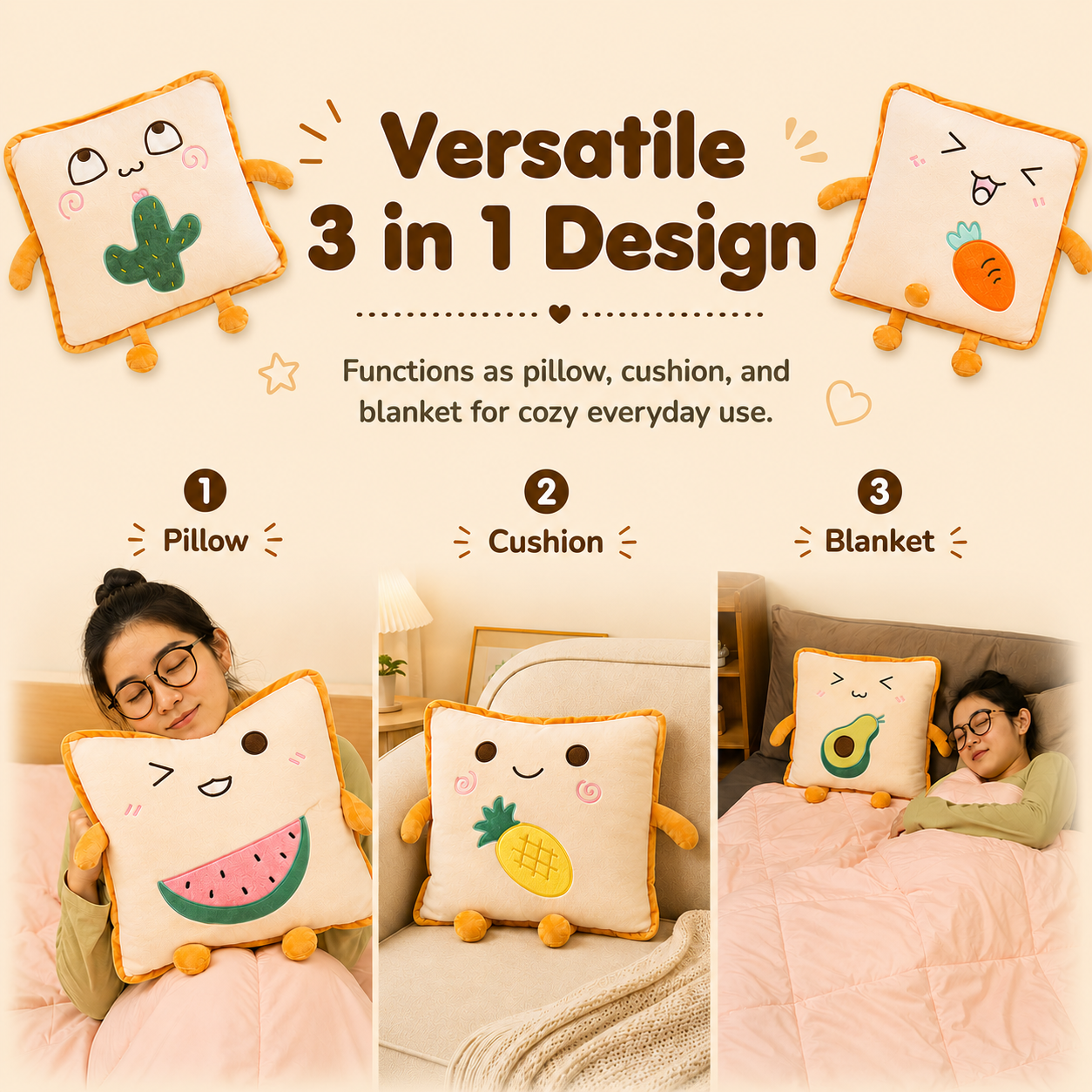 Homero 3D Cute Toast Pillow Blanket 2 in 1  Foldable Plush Quilt