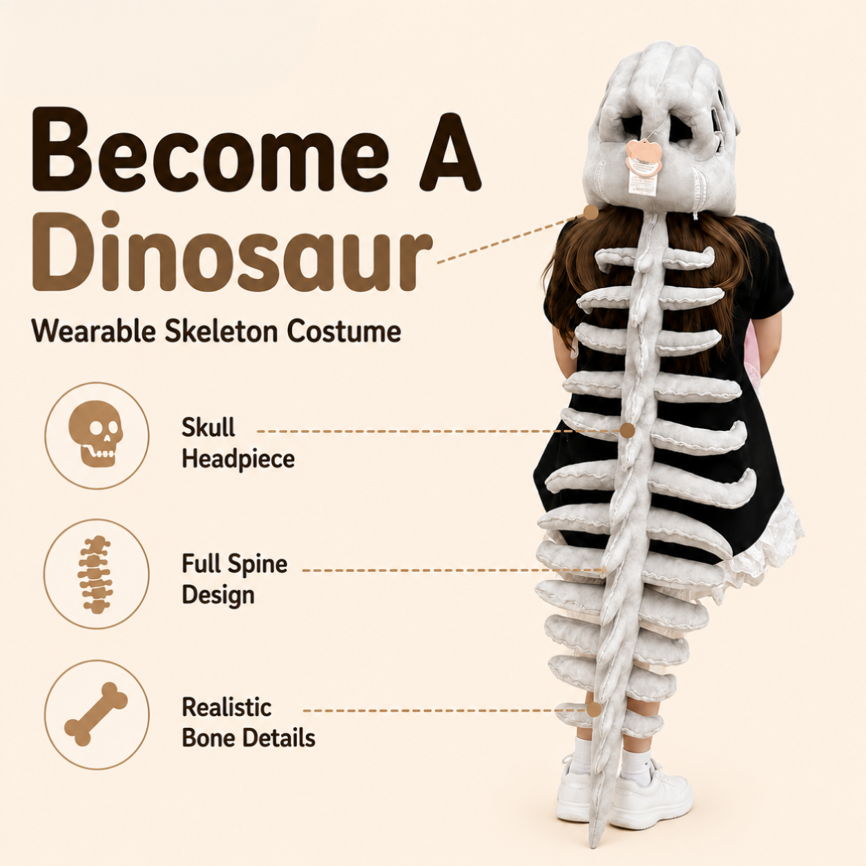 HOMERO Realistic Dinosaur Skeleton Costume with Skull Headpiece