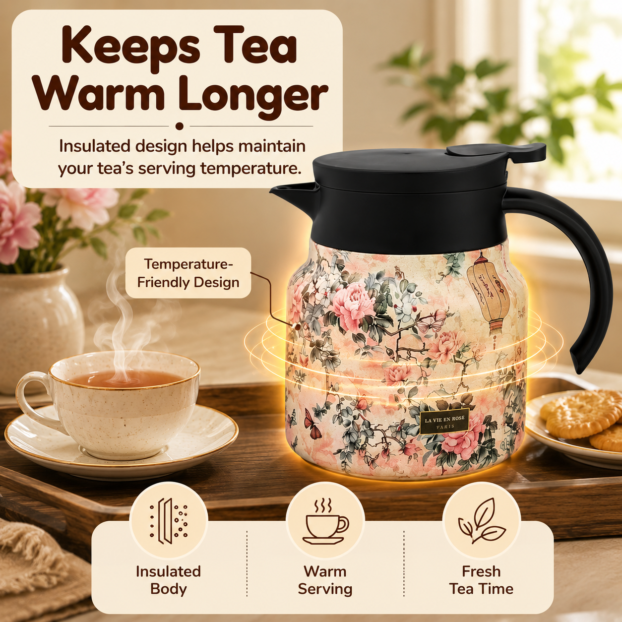 Homero Vintage Floral Stainless Steel Elegant Insulated Teapot - 800ml
