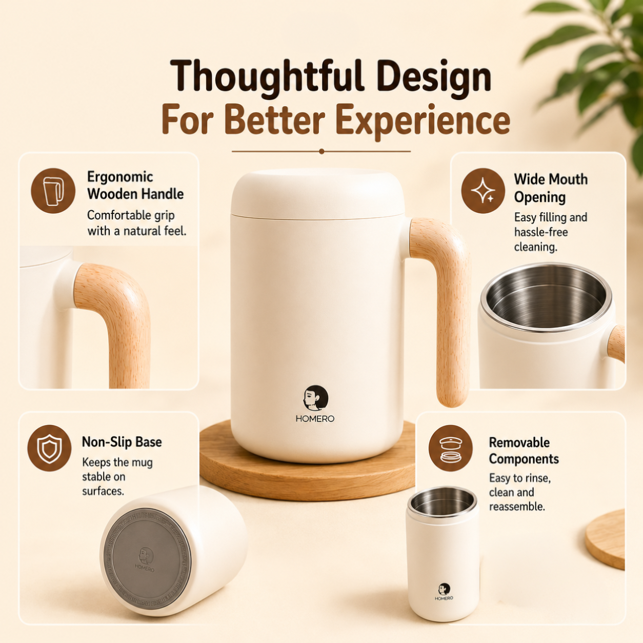 Homero Stainless Steel Automatic Stirring Mug with Wooden Handle - 420ml