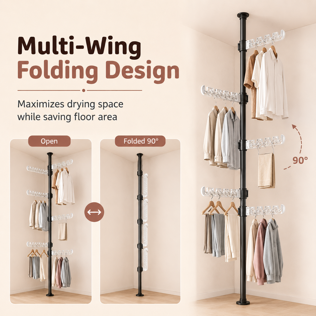 Homero Multi-Wing Heavy-Duty Telescopic Clothes Rack - Matte Black 3.1 Meter