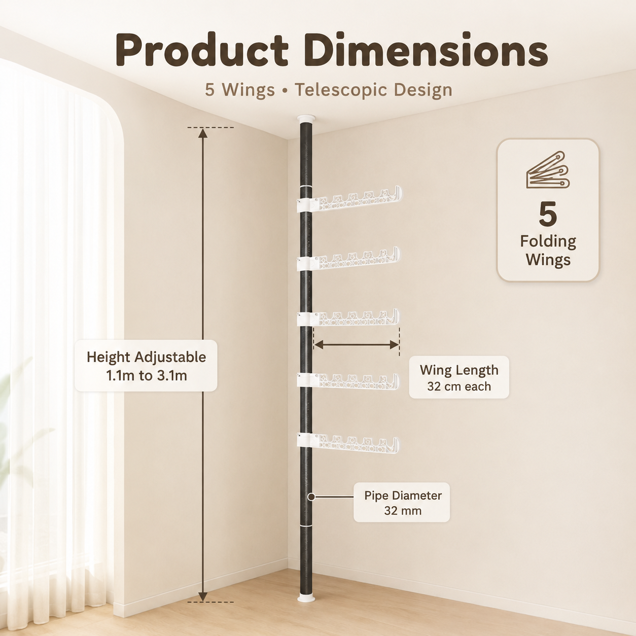 Homero Multi-Wing Heavy-Duty Telescopic Clothes Rack - Matte Black 3.1 Meter