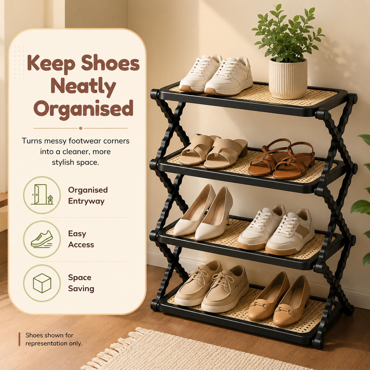 HOMERO Rattan Textured Foldable Multi Layer Shoe Rack