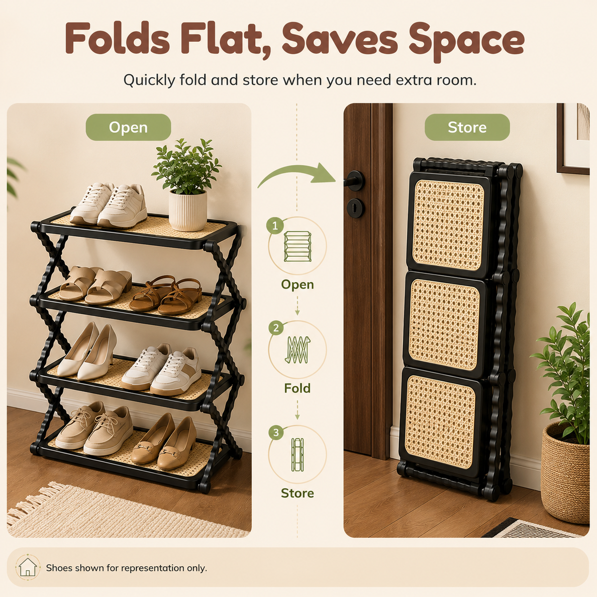 HOMERO Rattan Textured Foldable Multi Layer Shoe Rack