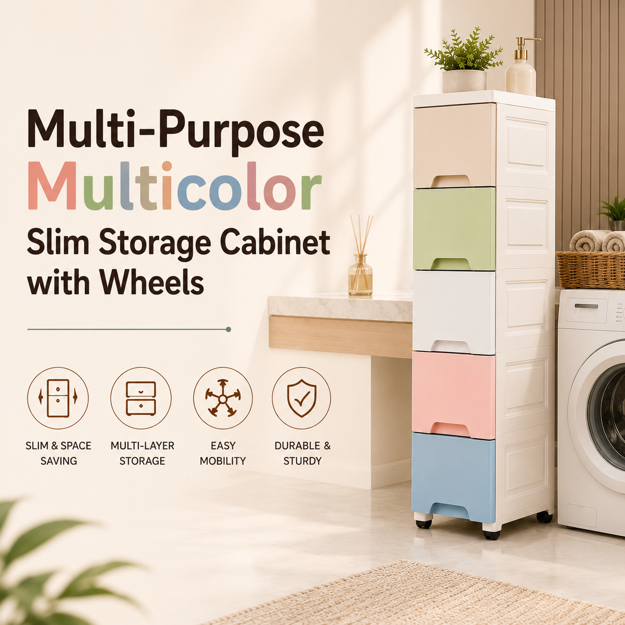 Homero Multi-Purpose Multicolor Slim Storage Cabinet with Wheels