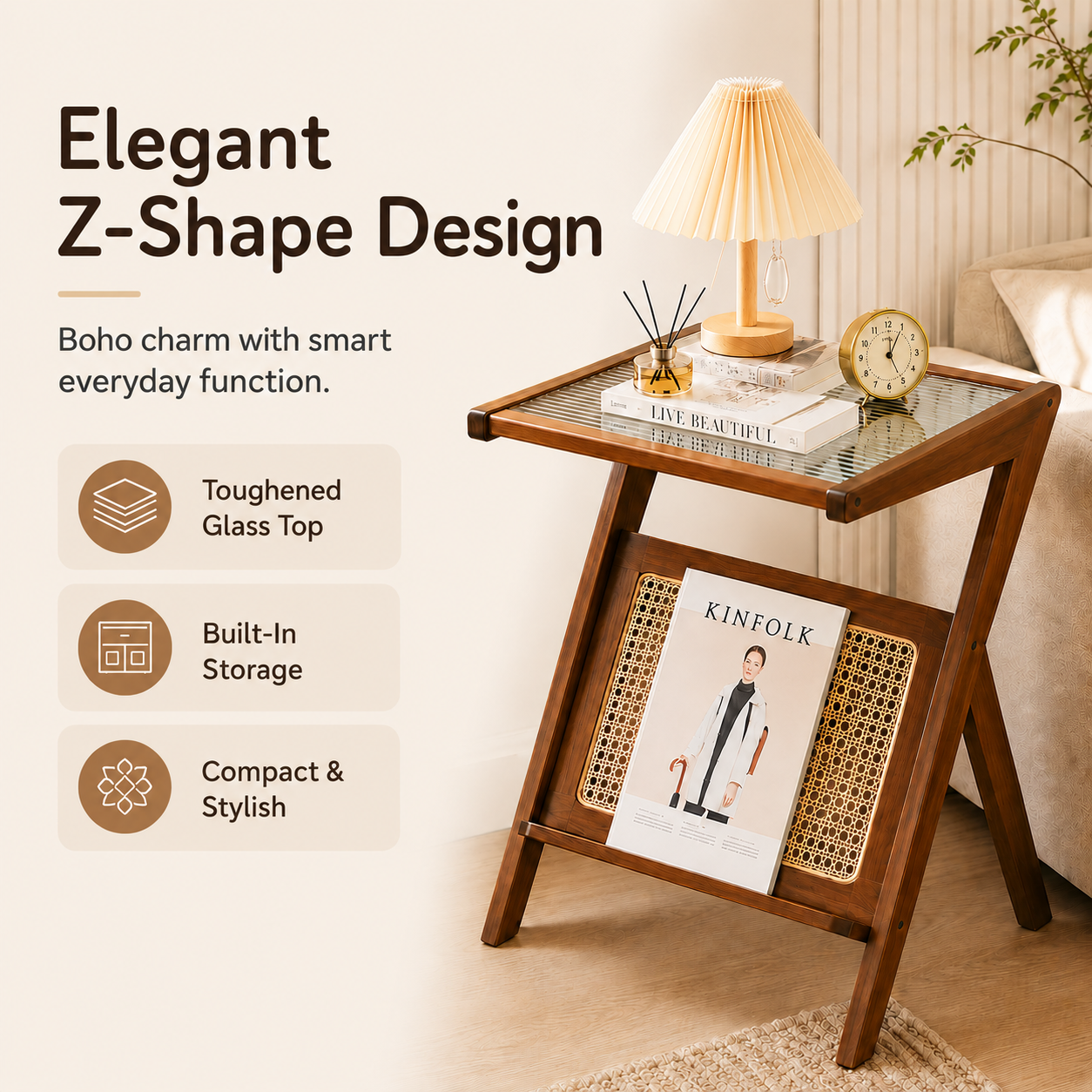 Elegant Z-Shape Boho Wooden Side Table with Toughened Glass Top
