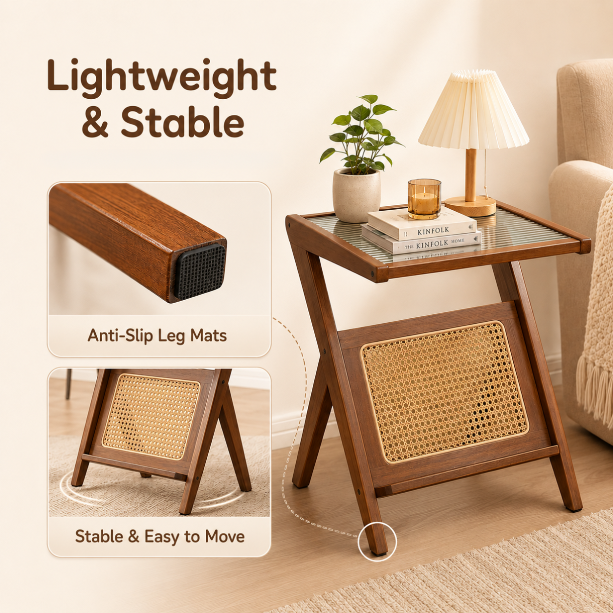 Elegant Z-Shape Boho Wooden Side Table with Toughened Glass Top
