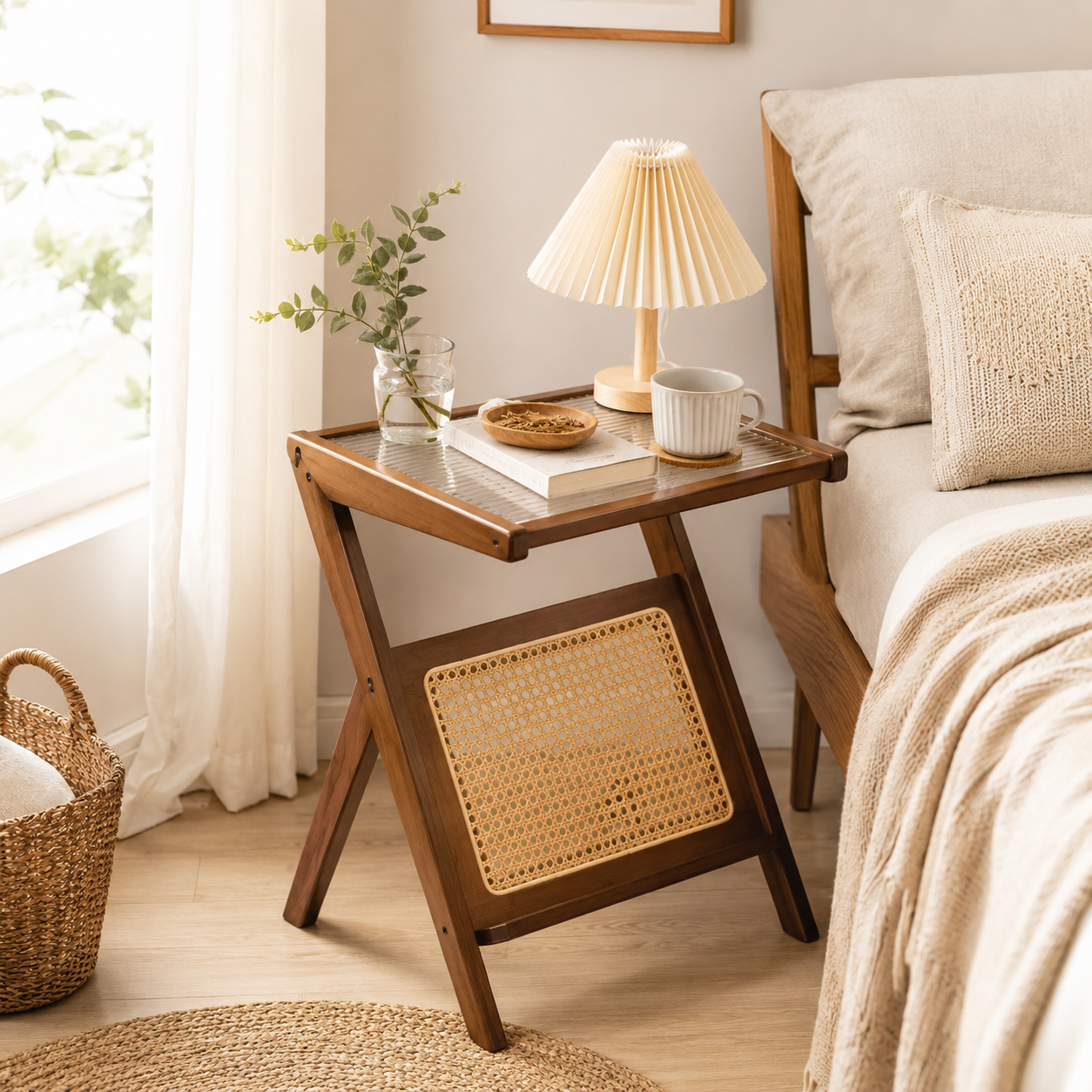 Elegant Z-Shape Boho Wooden Side Table with Toughened Glass Top