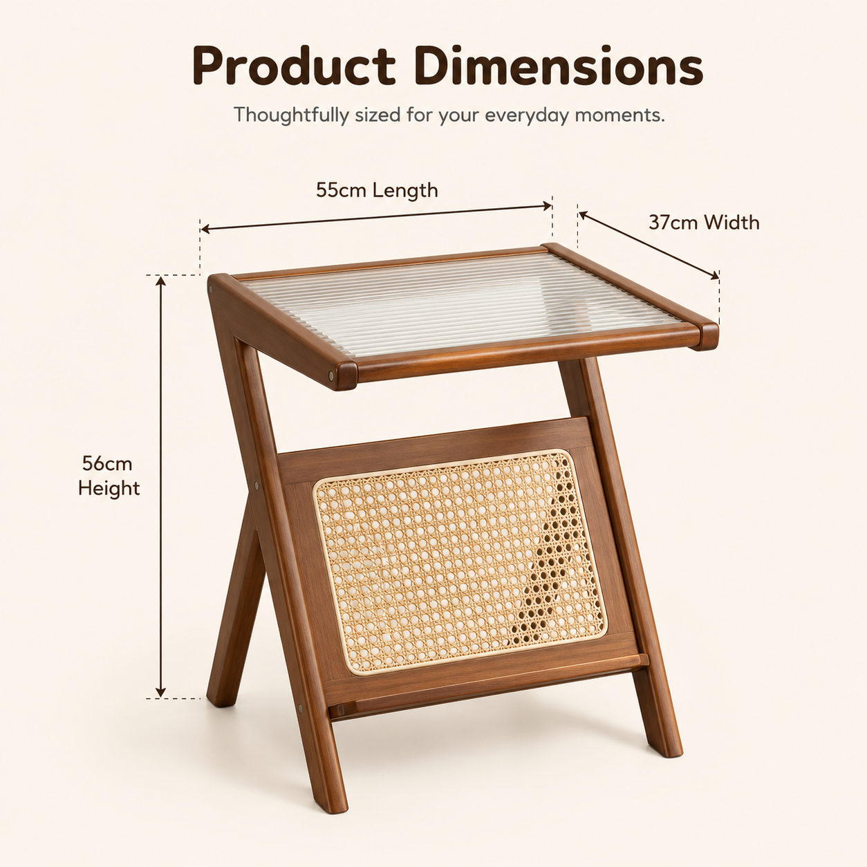Elegant Z-Shape Boho Wooden Side Table with Toughened Glass Top