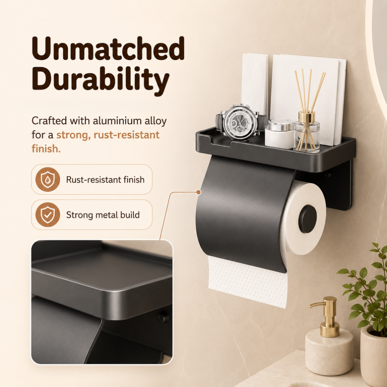 Premium Wall Mounted Toilet Paper Holder Waterproof Shelf