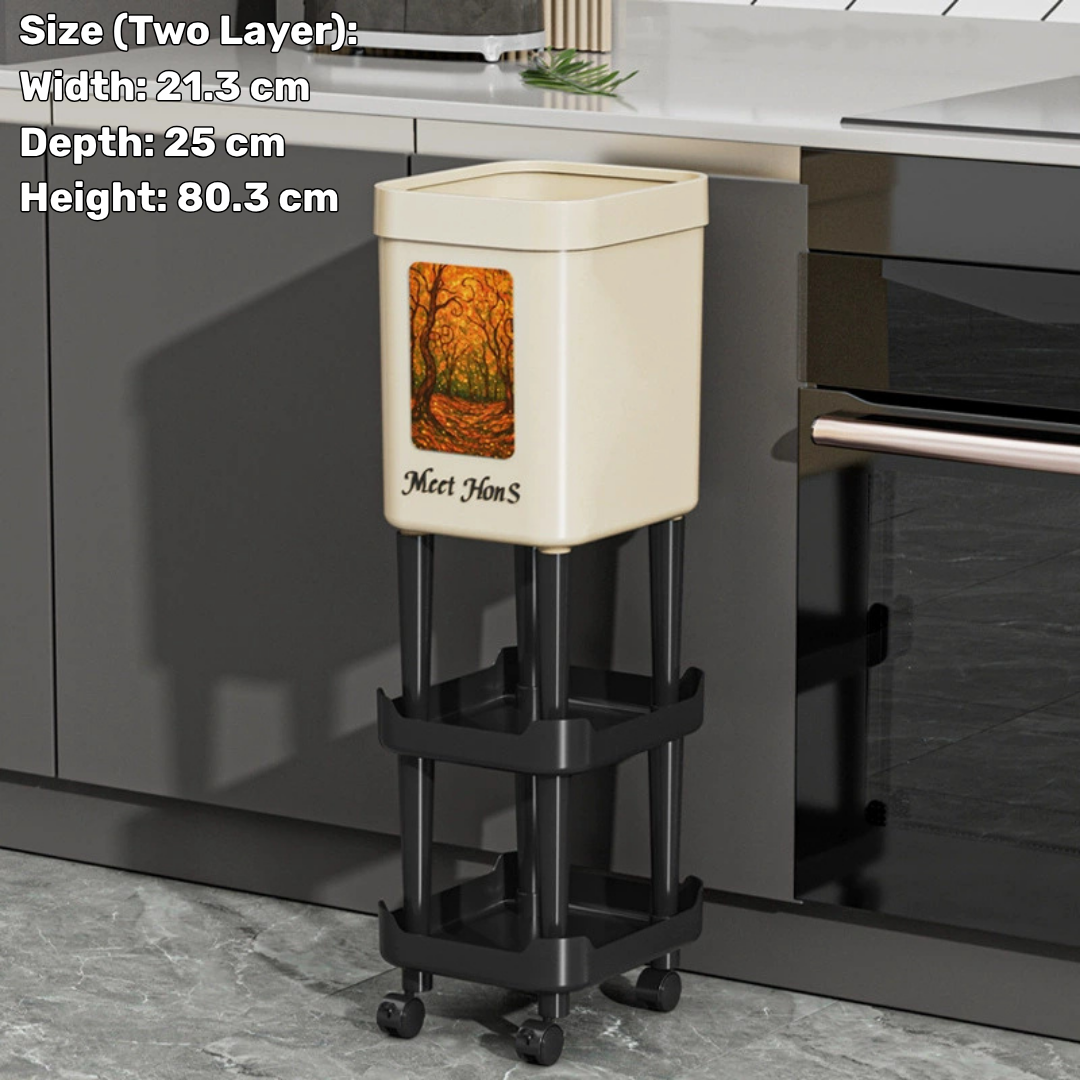 Elevated Rolling Kitchen Trash Bin with Storage Shelf