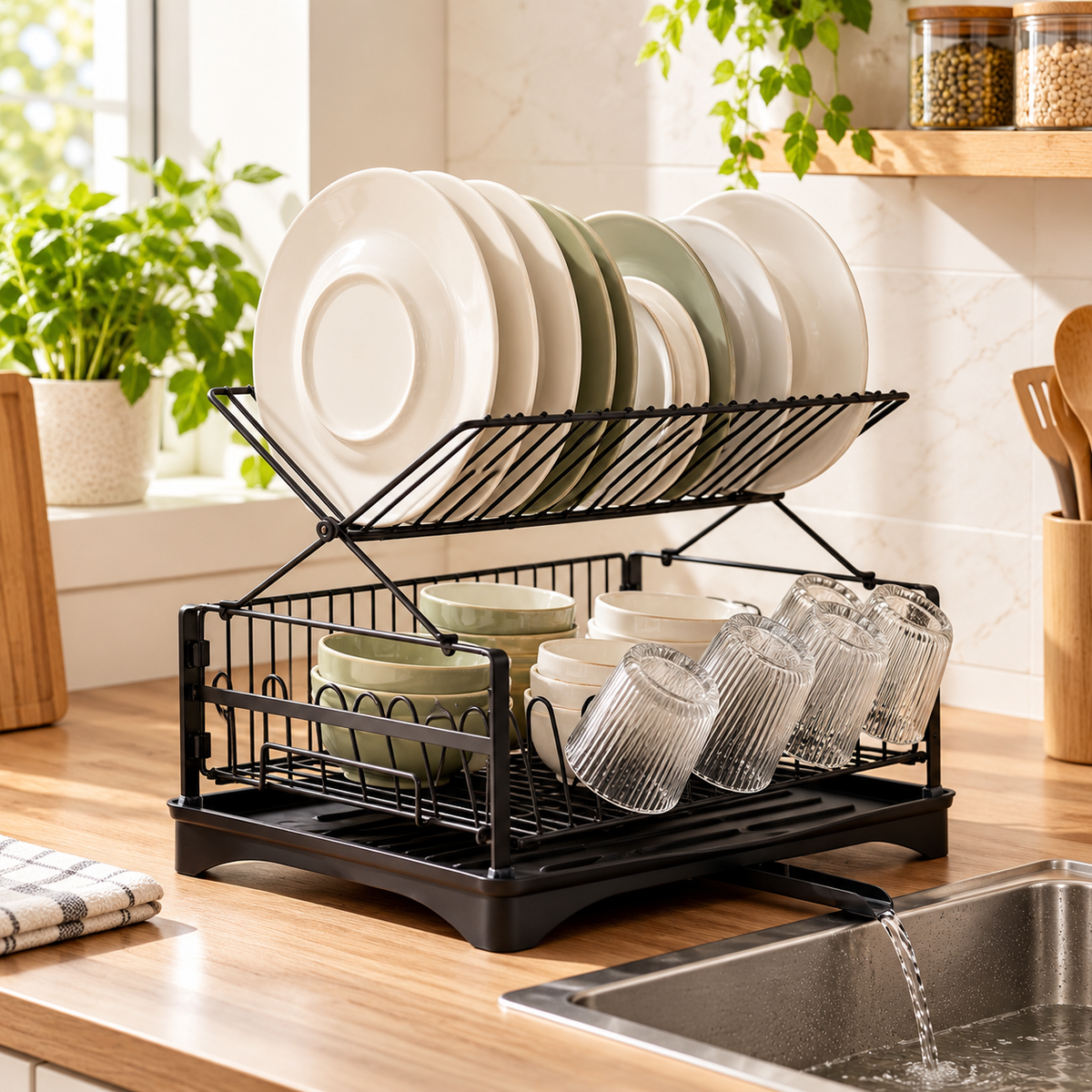 Two Tier Black Carbon Steel Dish Drying Rack with Swivel Drainage Spout