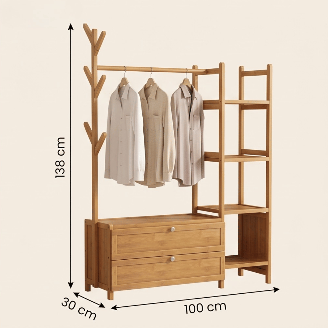 Bamboo Clothes Rack with Hanging Rail and Four Tier Storage Shelves