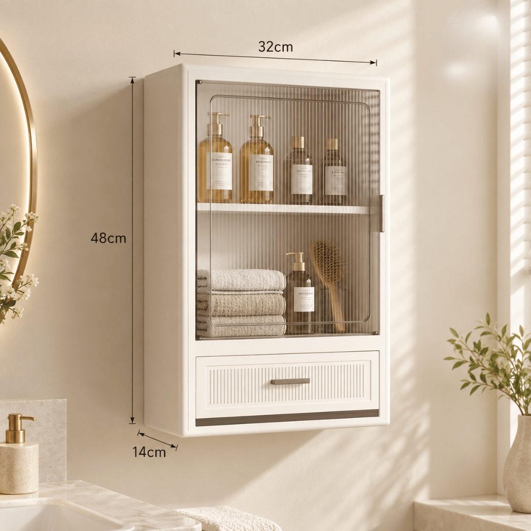 Wall Mounted Adjustable Shelves Storage Cabinet With Drawer & Magnetic Door