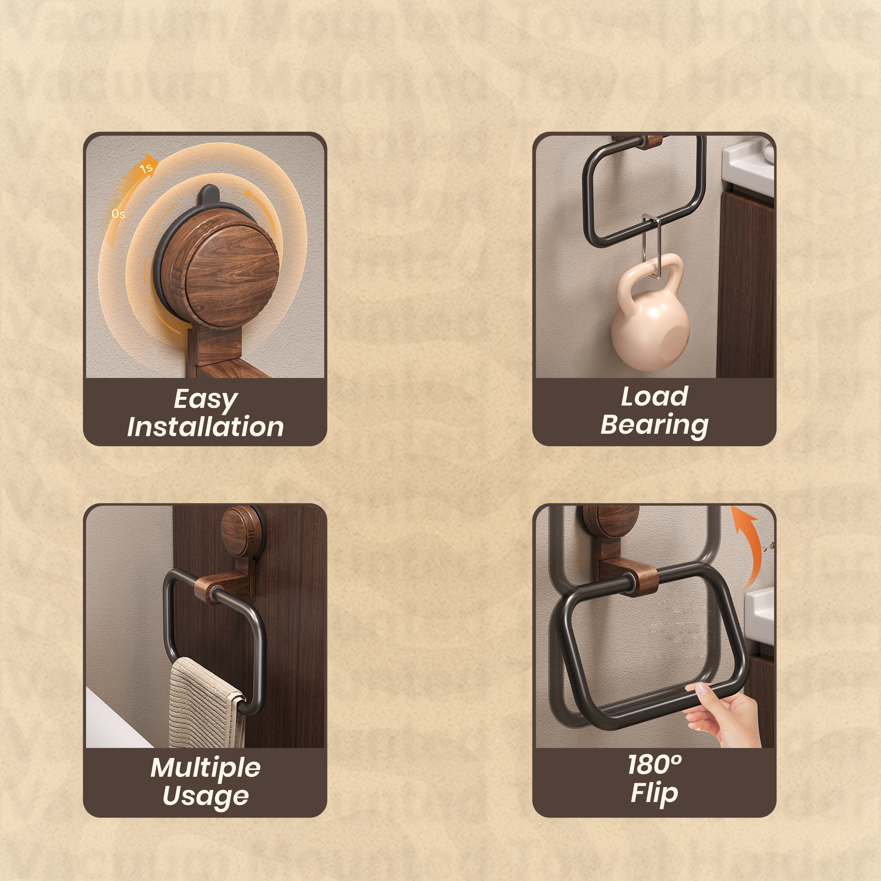 Homero Vacuum Mounted Towel Holder in Vintage Wood Style