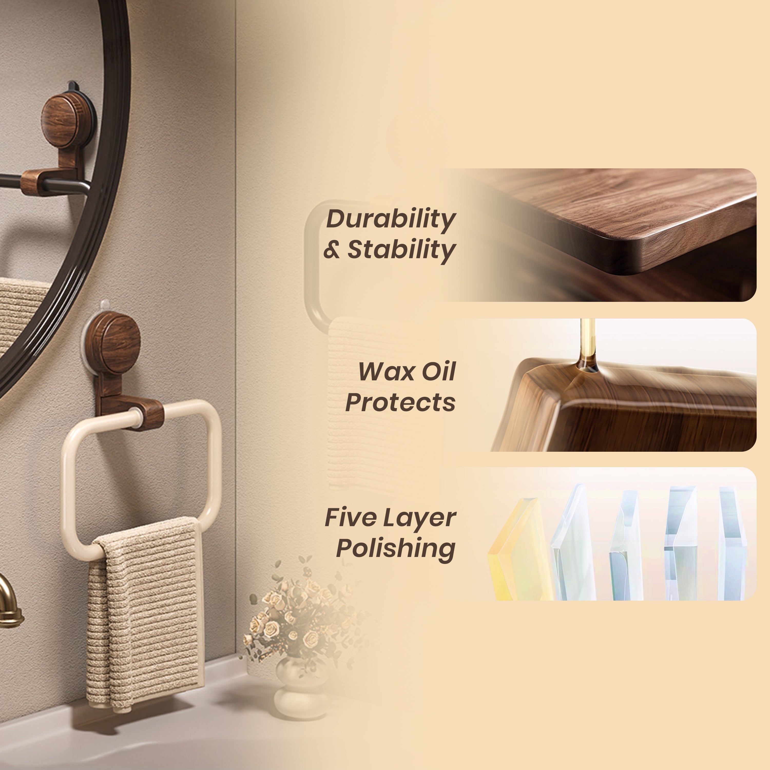 Homero Vacuum Mounted Towel Holder in Vintage Wood Style