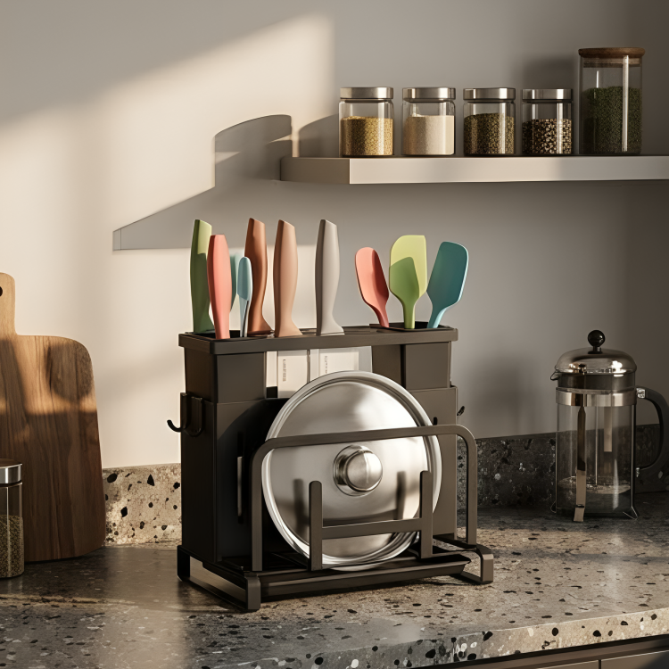 Multifunctional Kitchen Knife Holder Storage Rack with Pot Lid &amp; Cutting Board Organizer