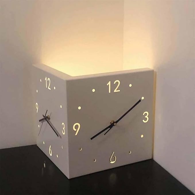 Double Sided Corner Silent Illuminated Wall Clock (White/Alpha Numerals)