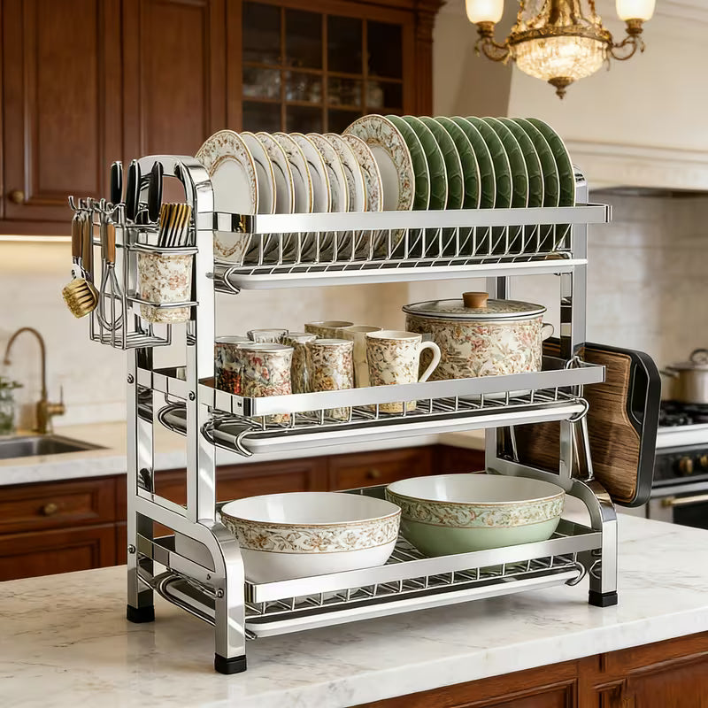 3 Layer Stainless Steel Dish Drying Rack Organizer with Removable Water Tray