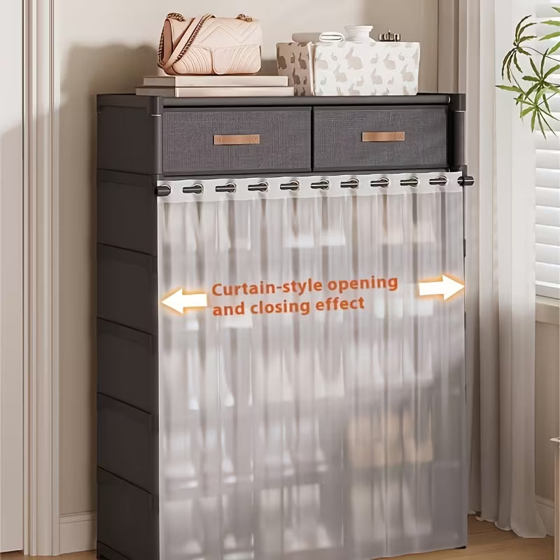 Multi Layer Shoe Organizer with Double Drawers and Sliding Curtain