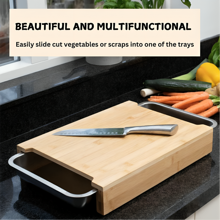 Multi Purpose Bamboo Chopping Board with Dual Steel Containers