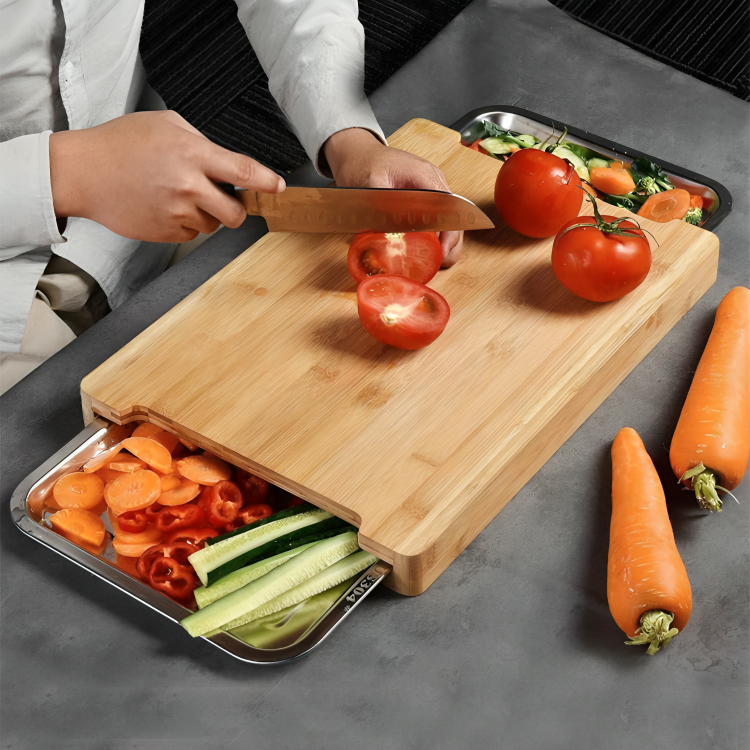 Multi Purpose Bamboo Chopping Board with Dual Steel Containers