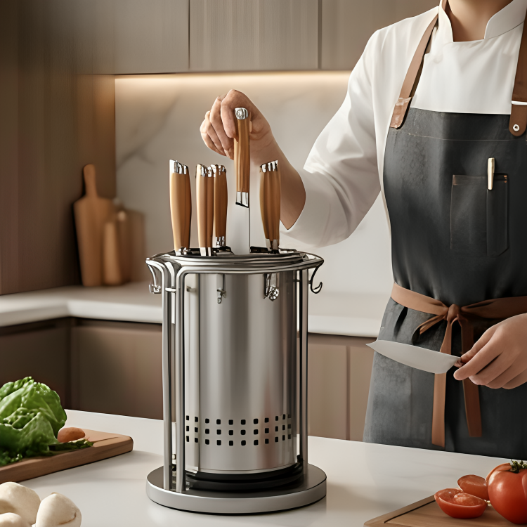 360° Rotating Kitchen Knife Holder with Drain Tray