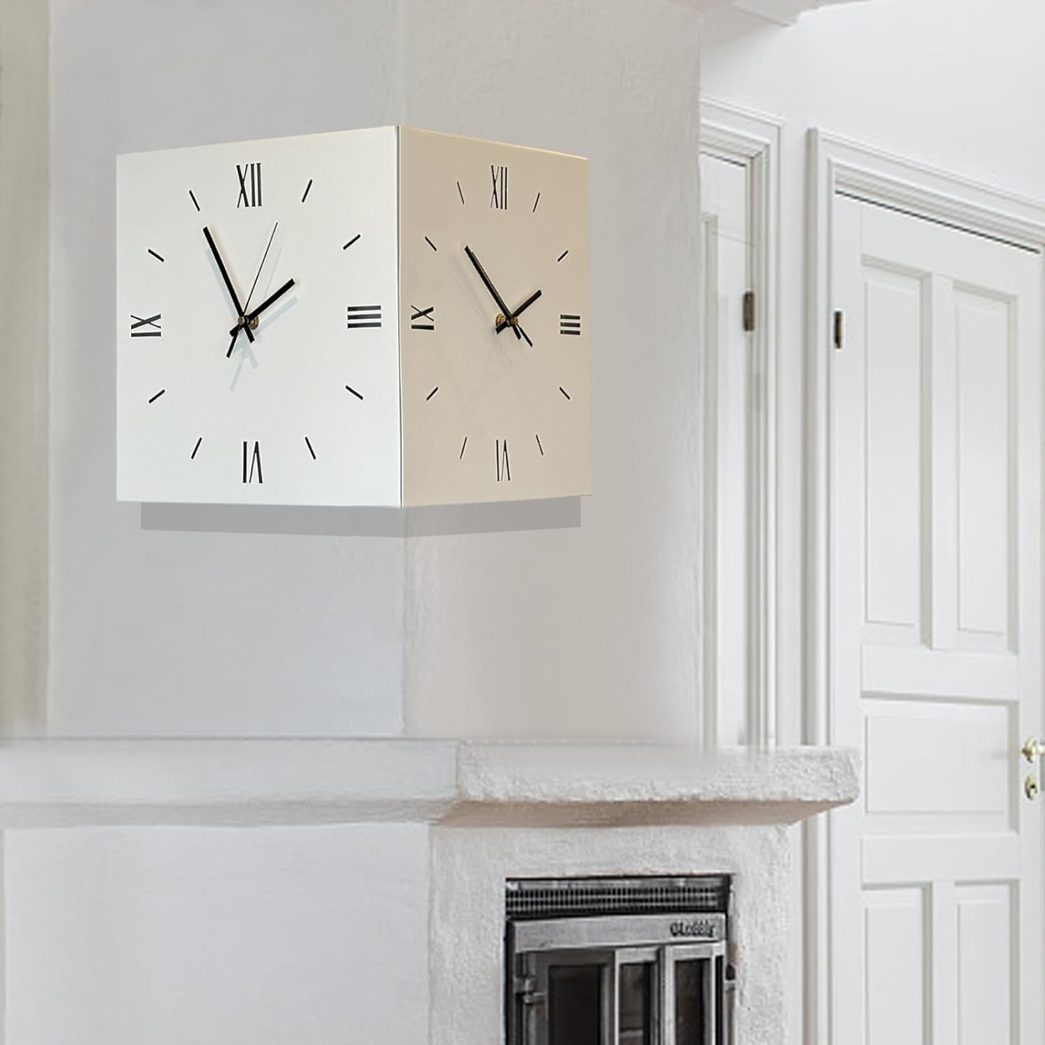 Double Sided Corner Silent Illuminated Wall Clock (White/Roman Numerals)