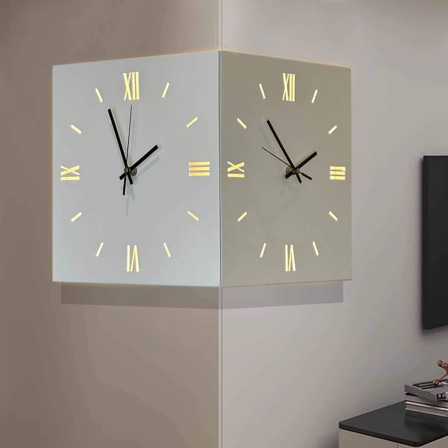 Double Sided Corner Silent Illuminated Wall Clock (White/Roman Numerals)