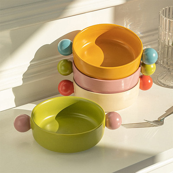 Beaded Double Handle Ceramic Bowl (Set of 4-Multi Colour)